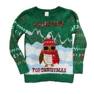 Holiday Time‎ Kids Green Fuzzy Sweater Owl be home for Christmas 7-8